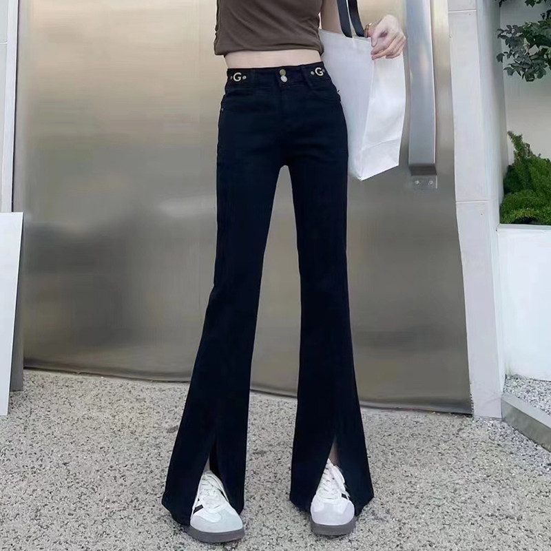 黑色高腰显瘦牛仔裤女春季新款弹力修身百搭微喇叭马蹄拖地长裤子