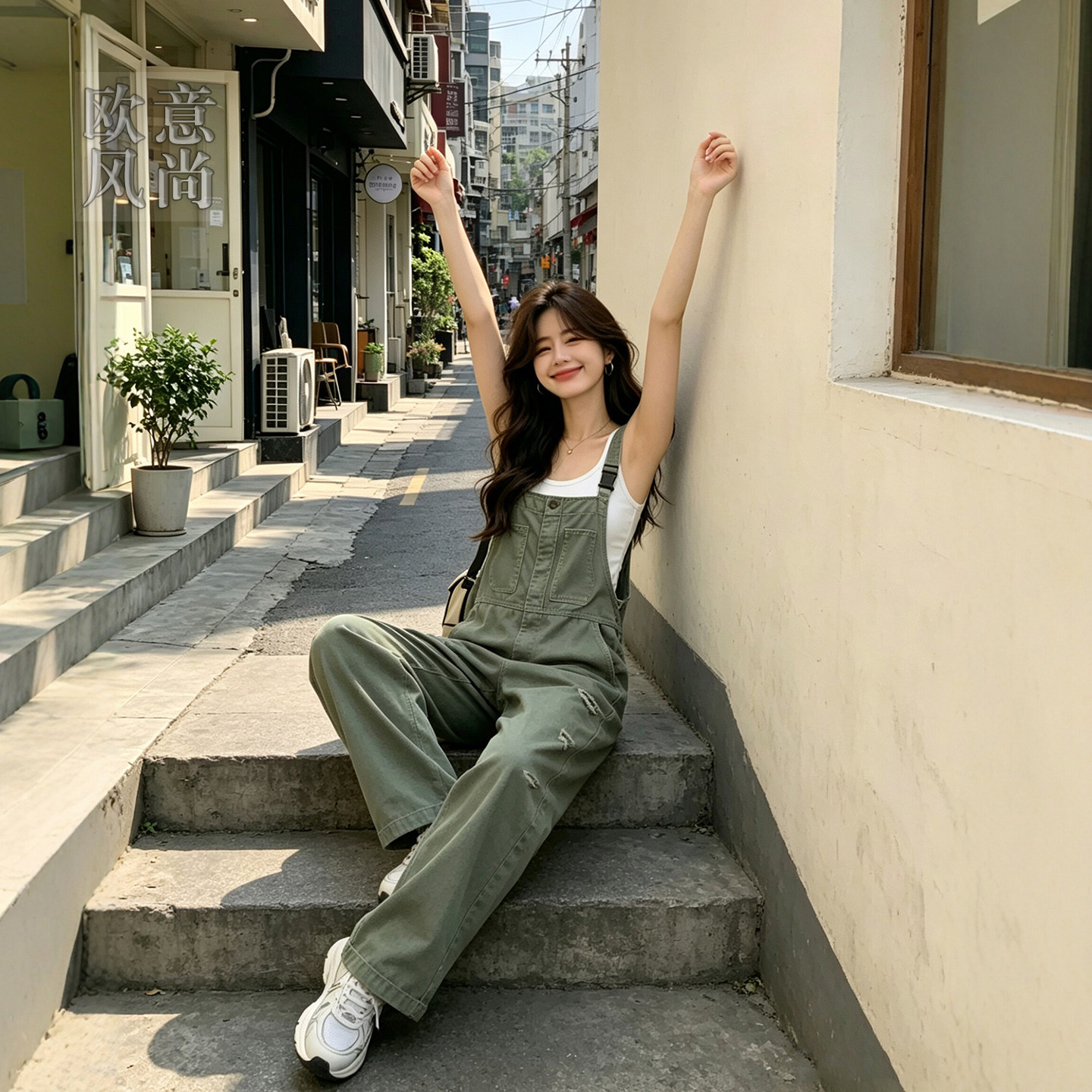 军绿色巨好看休闲破洞背带裤女夏新款宽松显瘦时尚百搭吊带连体裤