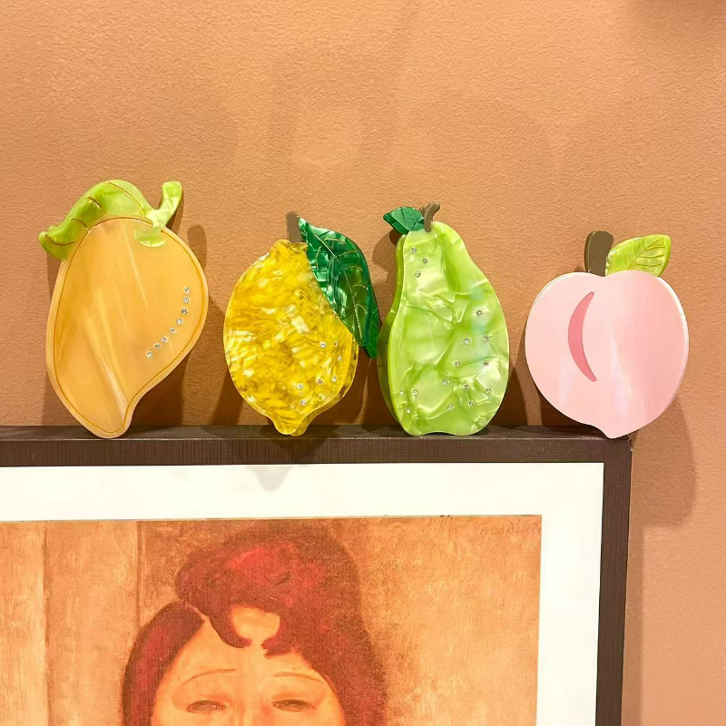 小众设计柠檬桃子抓夹趣味水果醋酸发夹芒果梨盘发鲨鱼夹发饰新款