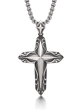 创意泰银芒星十字架项链男士潮流小众设计高级感做旧复古痞帅吊坠