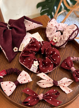 新款韩版复古粉红波点大肠发圈甜美高级感感头绳甜美褶皱发饰品女