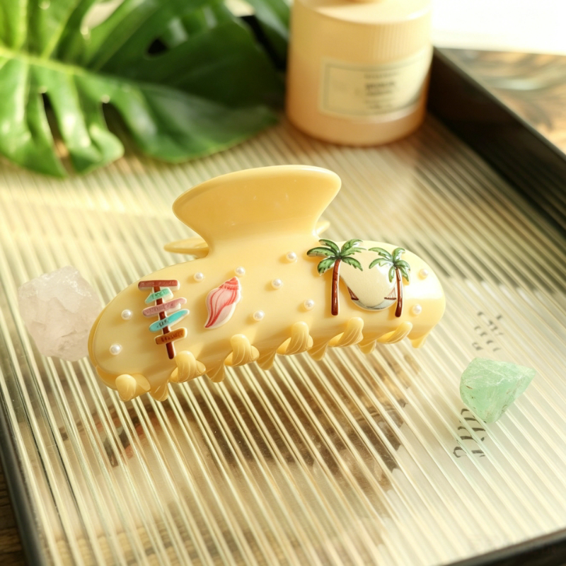 奶黄醋酸椰树贝壳珍珠鲨鱼夹夏日度假风少女抓夹出游盘发夹子清新
