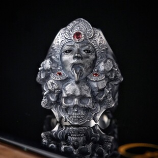 创意泰银卡里女神戒指复古战斗女神男戒朋克个性夸张骷髅开口戒指