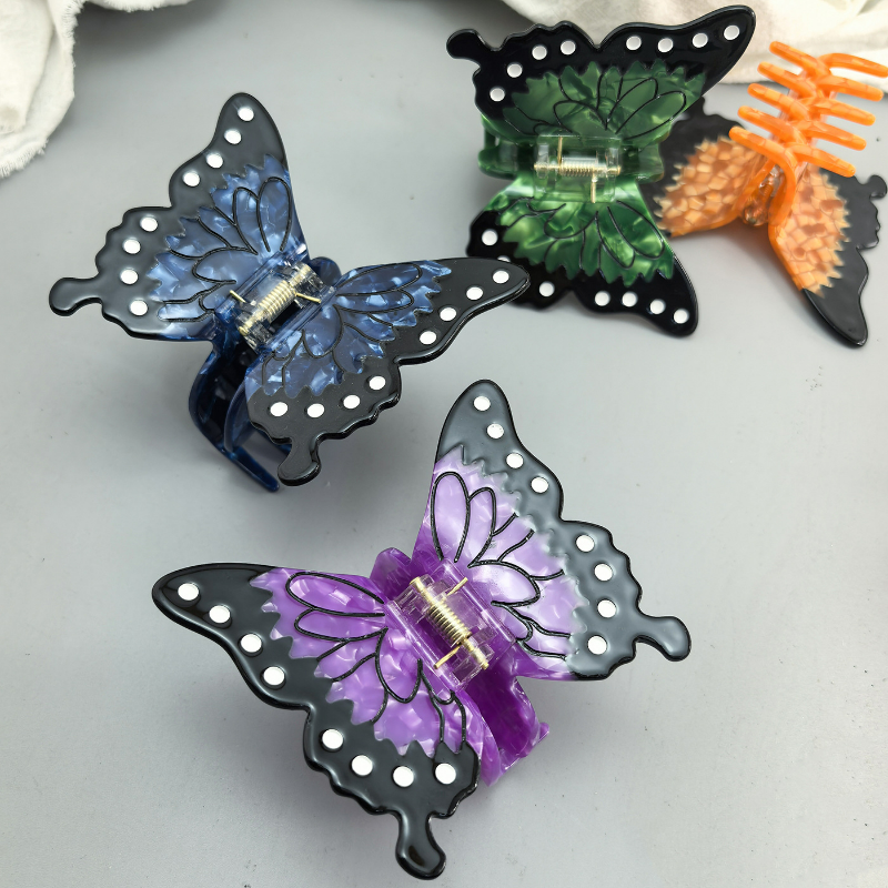 新款黑边蝴蝶醋酸抓夹立体花朵发夹感高级感后脑勺盘发鲨鱼夹发饰