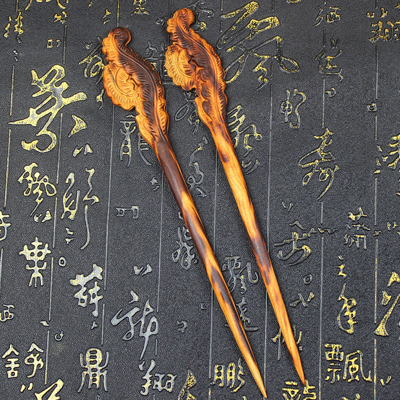 天然雷击桃木雕刻凤尾发簪复古发簪一体雕刻木制品随身配饰汉服