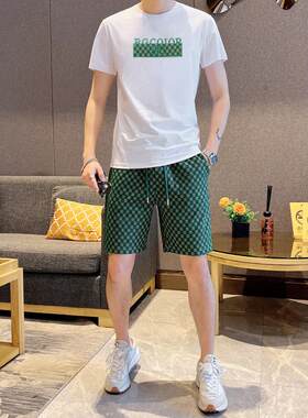 欧货轻奢冰丝男装套装白T绿格子五分裤中青年百搭休闲两件装男潮