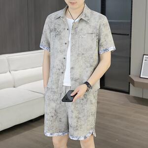 高级感水墨晕染衬衫套装男士夏季冰丝短袖短裤两件套轻熟风男装帅