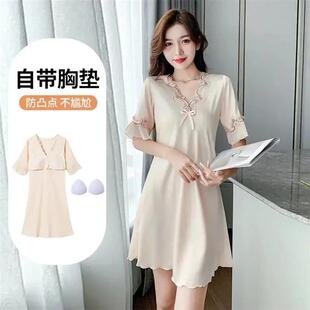 伊禾川服饰专营自带胸垫睡裙L女Z夏冰丝v带Bra一体v睡衣性感蕾丝