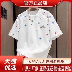 泽衿服饰蝶恋花刺绣圆领短袖T恤男士扇子国风潮牌夏季新款韩版T恤