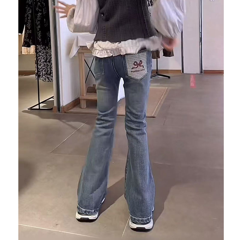 女童牛仔裤春季2025新款儿童蝴蝶结刺绣春装微喇女孩喇叭裤洋气