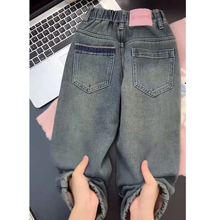 儿童装 2024新款 裤 子韩版 洋气 女童加绒牛仔裤 女孩休闲老爹裤 秋冬季