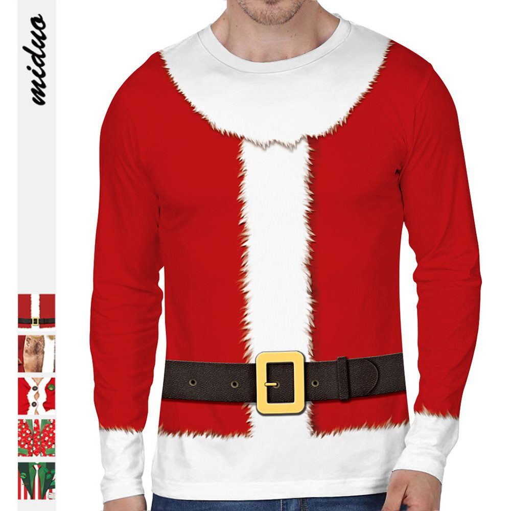 Red Christmas cosplay print top shirt tide长袖T恤