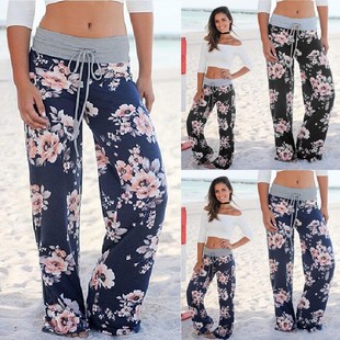 Women High Waisted Wide Leg Casual Floral Print Lounge Pants