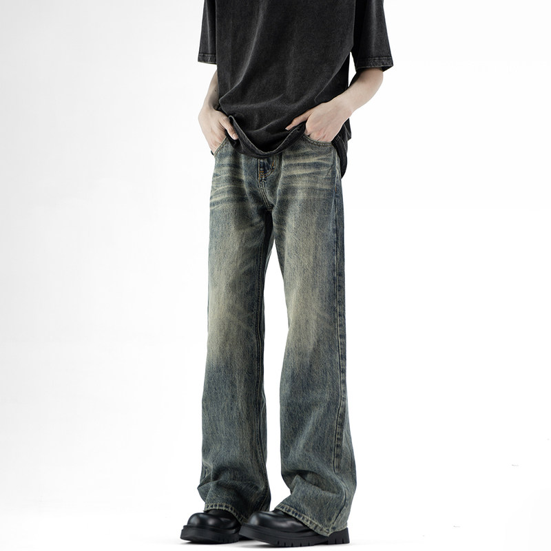 小柯xcok美式高街微喇牛仔裤男生显瘦潮牌裤子复古水洗做旧直筒裤