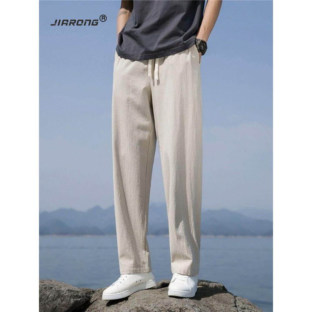 天丝亚麻裤男夏薄棉麻裤子男款宽松直筒休闲长裤夏天套装冰丝男裤