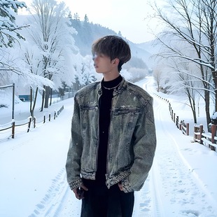 美式短款牛仔外套男高级感痞帅发型师潮牌男装垫肩立领牛仔衣夹克