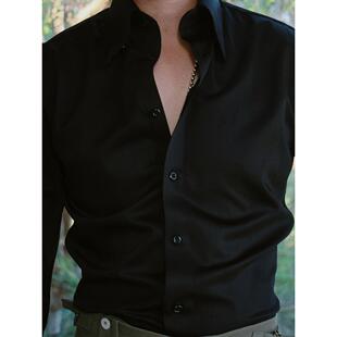 商务日常修身免烫抗皱长尖领竹纤维英伦雅痞男黑色休闲长袖衬衫