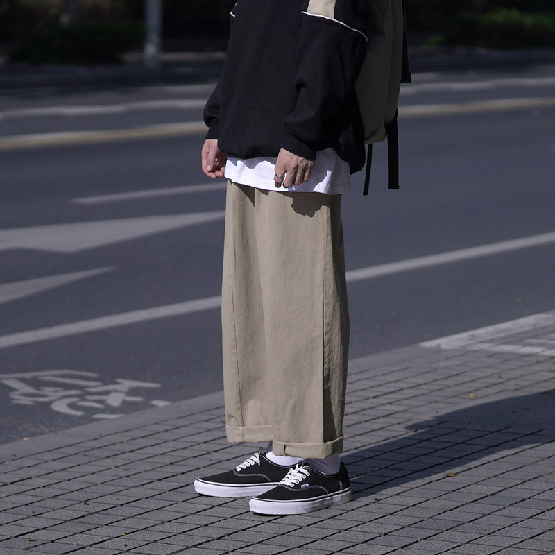 GOGOSOON新品男休闲裤纯色卷边宽松直筒chic百搭学生复古长裤子