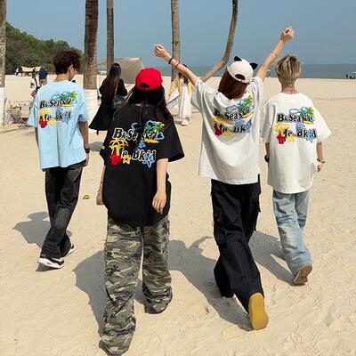126KID 美式复古字母椰树刺绣短袖T恤男女国潮牌夏季情侣上衣tee