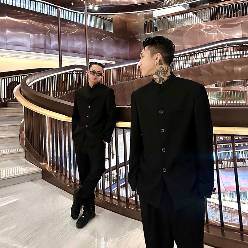 我叫得仔新中式青年装纯色中山装男套装痞帅热血高校校服西装礼服