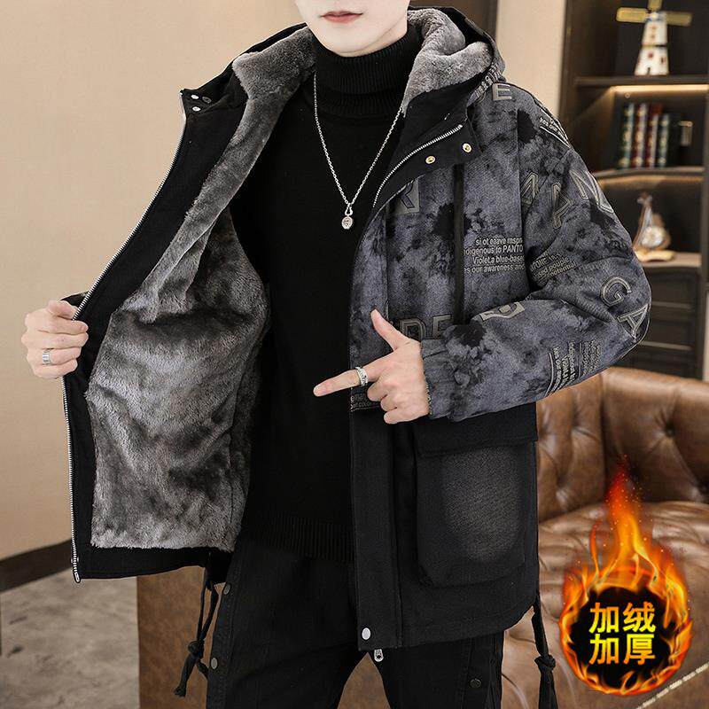 加绒加厚棉衣男士2026秋冬季牛仔外套青少年潮牌保暖印花棉服男装