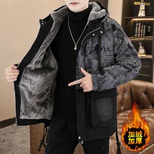 加绒加厚棉衣男士2026秋冬季牛仔外套青少年潮牌保暖印花棉服男装