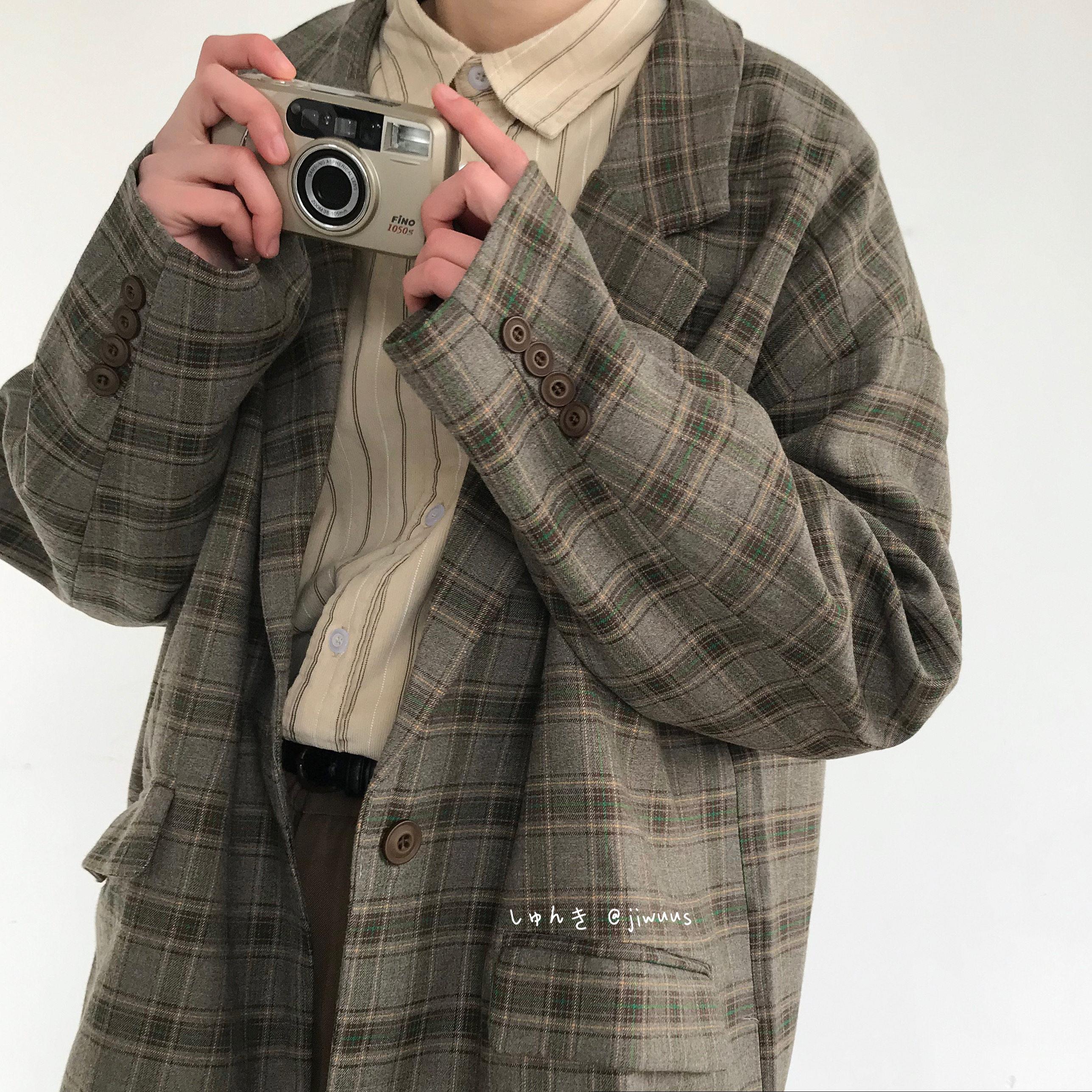 几物jiwuus 秋季日系复古薄款休闲宽松格纹西装外套男女休闲西服