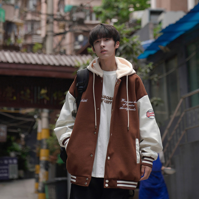 GOGOSOON棒球服外套男春秋新款夹克上衣撞色连帽刺绣重磅少年感