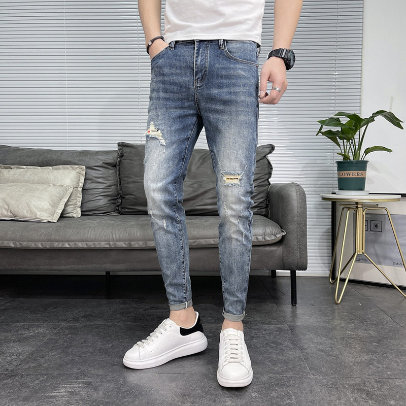 男士牛仔裤潮牌破洞韩版修身小脚裤九分长裤潮流痞帅男裤复古百搭