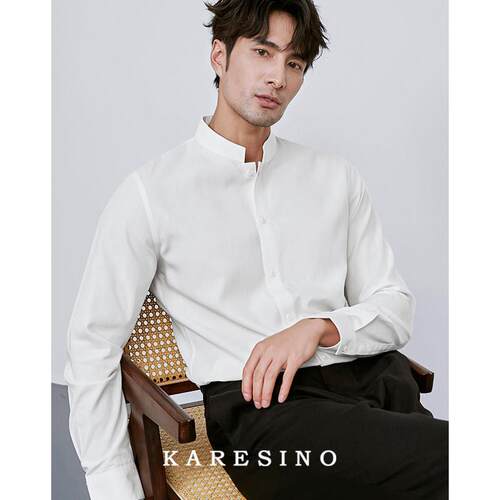 KARESINO男士立领白色衬衫新中式结婚男订婚日系休闲衬衣男装长袖