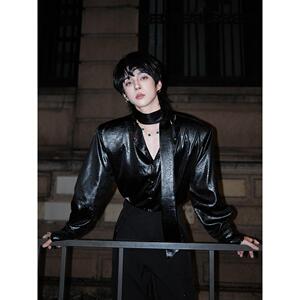 杨一帆潮牌皮衬衫男士长袖2026秋季新款韩版休闲潮流纯色ins衬衣
