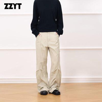 ZZYT美式复古解构工装休闲裤廓形宽松微喇褶皱设计长裤男女
