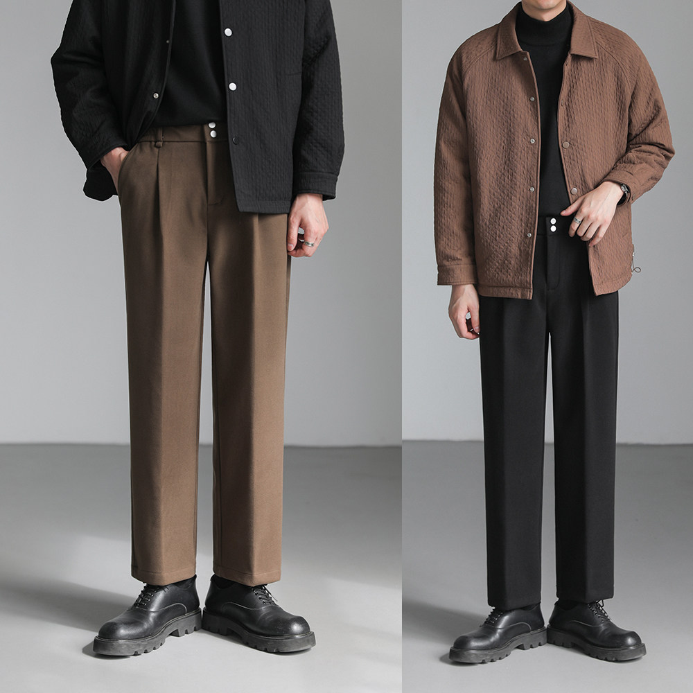 ZPZ秋冬季韩系宽松直筒长裤 男士休闲西裤潮流加厚保暖毛呢西装裤