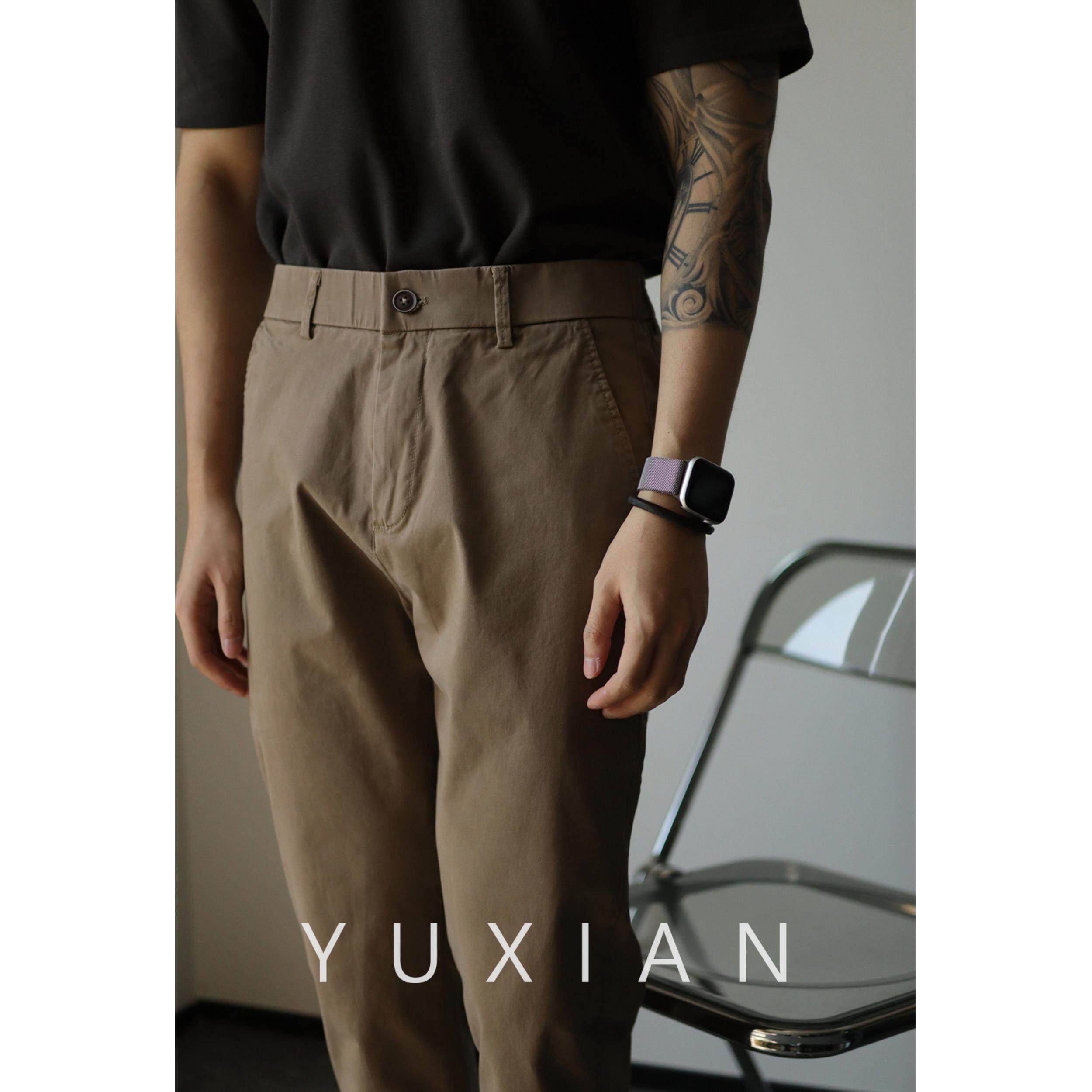 YUXIAN余闲纯棉微椎纯色休闲商务男修身九分长裤直筒百搭春夏季