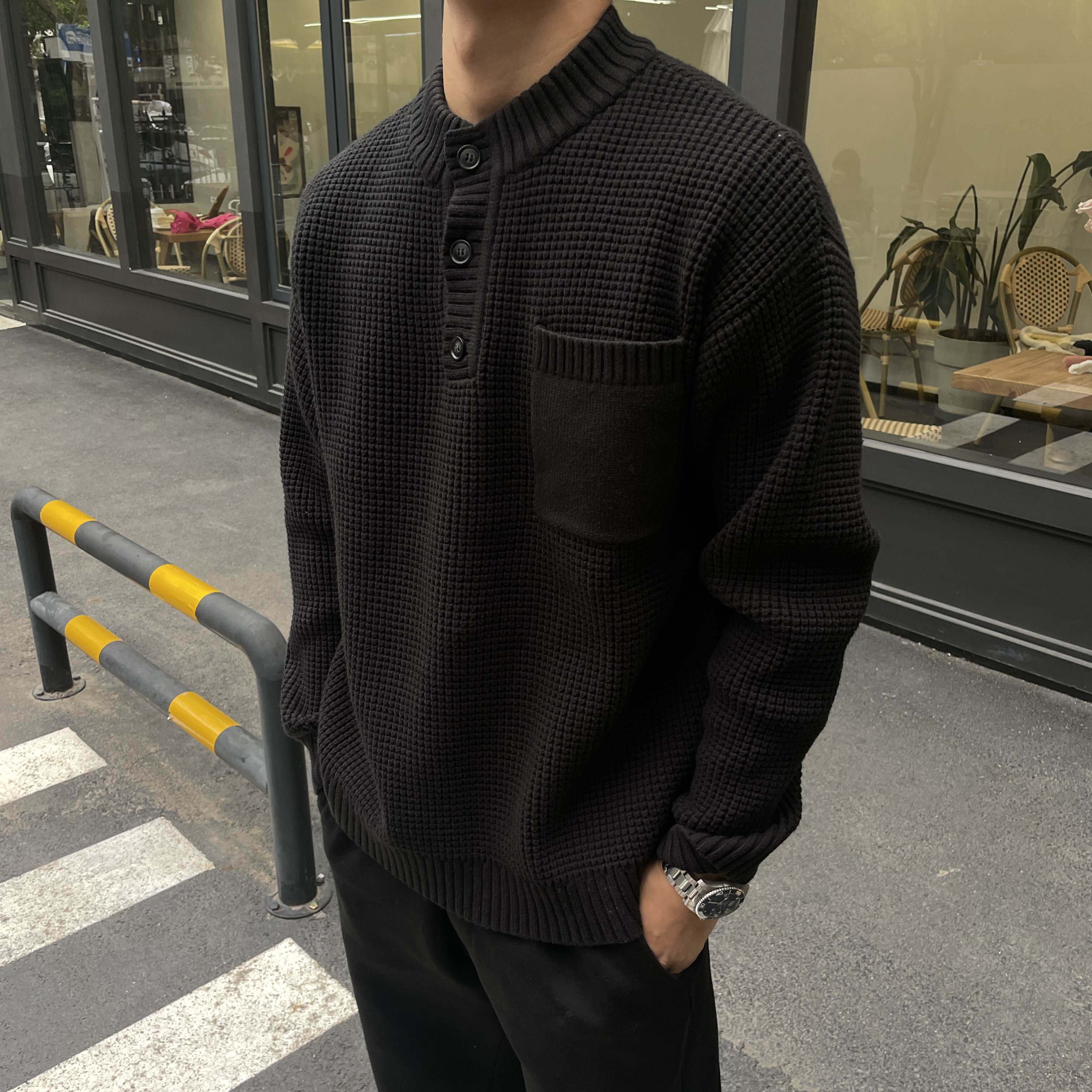 GTAL亨利领圆领老钱风毛衣男纯色长袖针织衫复古休闲高级毛线衣