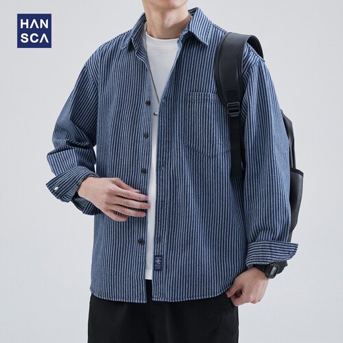 hansca宽松条纹衬衫男2026春季美式休闲复古翻领帅气大码开衫外套