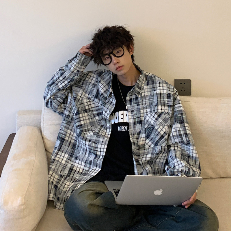 春秋新款美式格子长袖衬衫男士潮牌潮流情侣防晒宽松痞帅衬衣外套