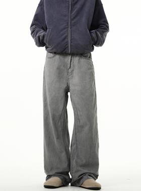 MADWITCH复古灰色直筒牛仔裤男做旧dirtyfit美式休闲微喇阔腿裤子