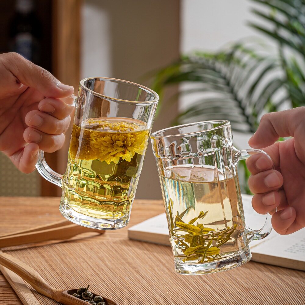 青苹果玻璃杯大号加厚带把扎啤酒
