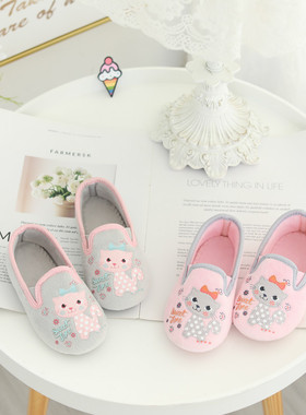 春秋室内拖鞋家居鞋地板棉布女童儿童厚底防滑布鞋单鞋舒适换脚鞋