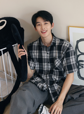 VANNYBUNNY短袖格子衬衫外套男夏季休闲百搭薄款宽松潮流复古港风