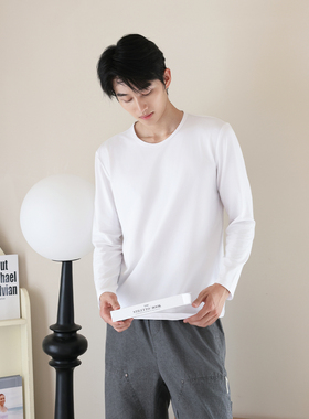VANNYBUNNY新款纯棉白色打底衫简约纯色长袖T恤男士基础圆领内搭