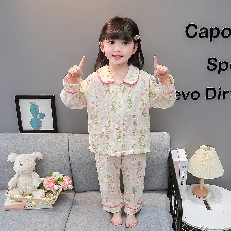 女童纯棉碎花睡衣套装2026新款花边儿童家居服女宝宝春秋长袖开衫