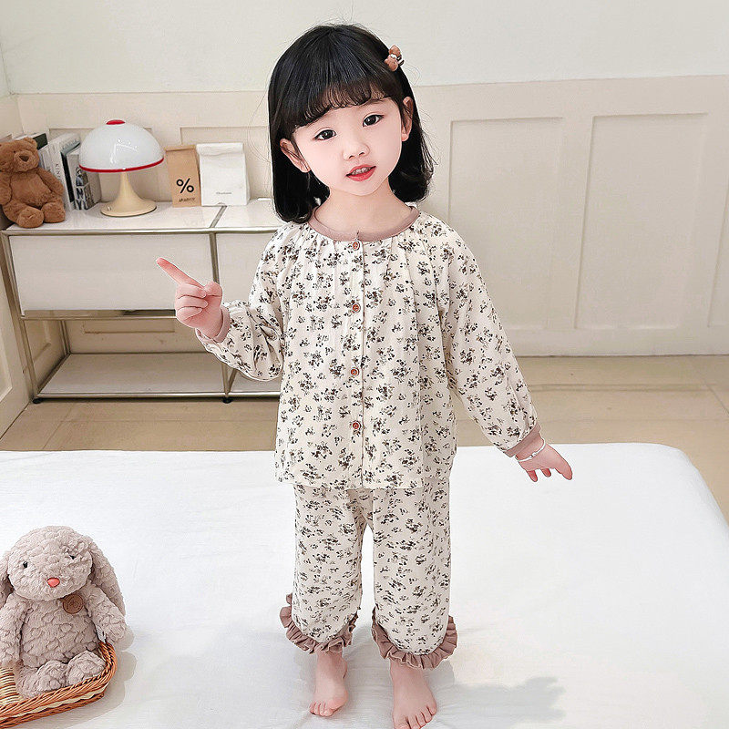 女童纯棉碎花睡衣套装2026新款花边儿童家居服女宝宝保暖长袖开衫