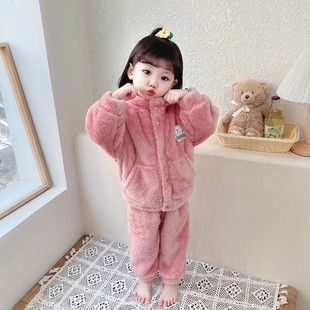 女童珊瑚绒家居服套装冬季加厚保暖卡通可爱风开衫法兰绒儿童睡衣