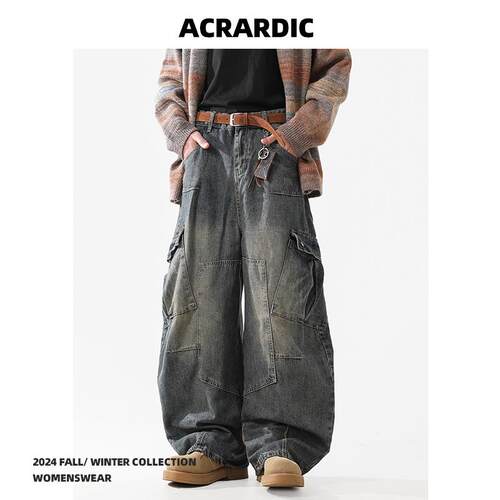ACRARDIC潮牌重磅多口袋弯刀牛仔裤男女炸街做旧水洗阔腿工装裤子