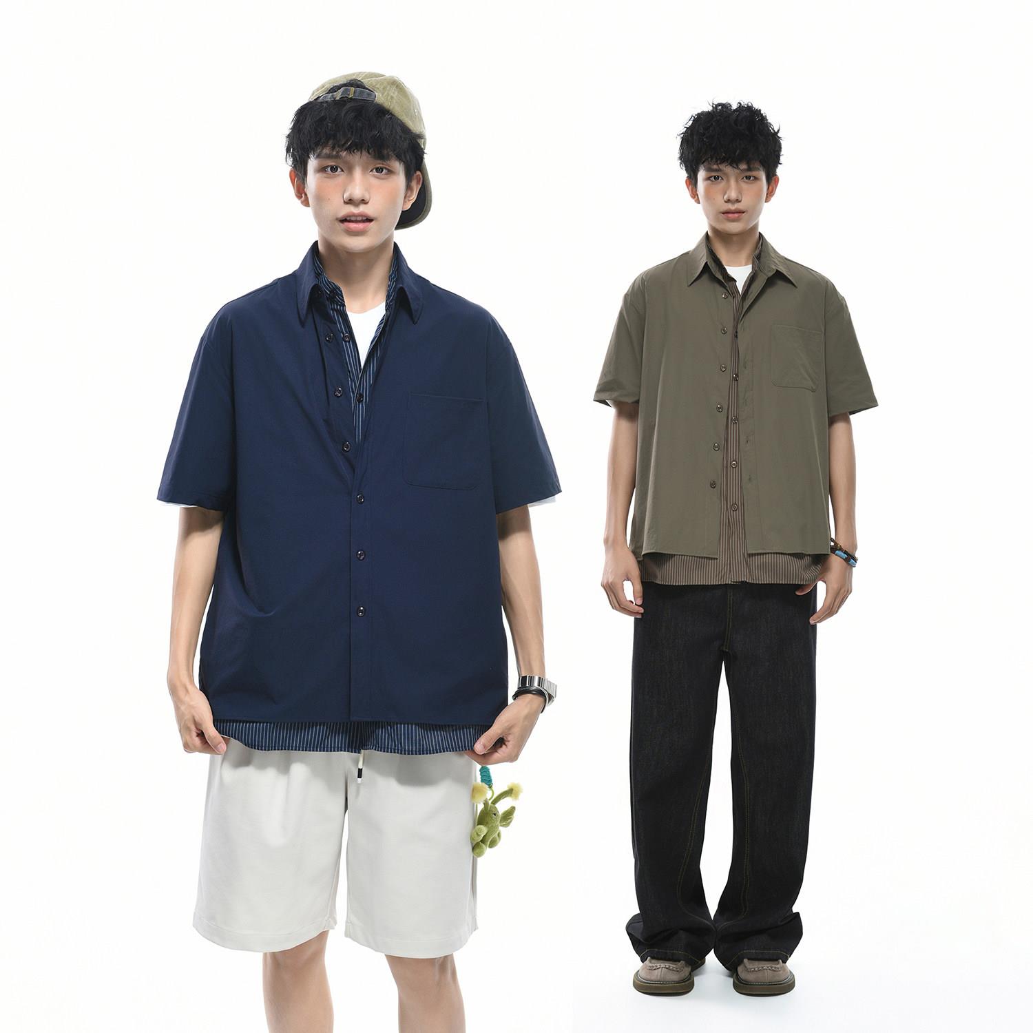 GOGOSOON 假两件拼接条纹内衬宽松短袖衬衫男高级感休闲上衣夏季