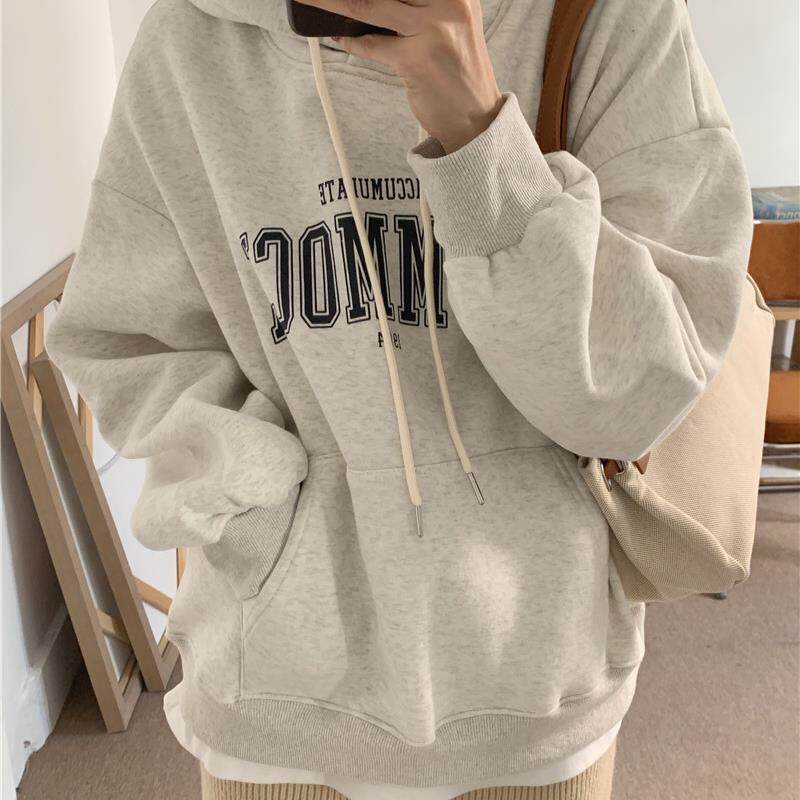 字母印花套头加绒连帽卫衣女2025秋冬新款韩系宽松百搭长袖上衣