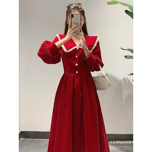 新款名媛法式打底长裙红色新年衣服本命年圣诞节连衣裙子女秋冬季
