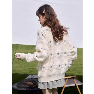 黁白网红针织开衫外套女春秋新款宽松灯笼袖慵懒风上衣针织毛衣女